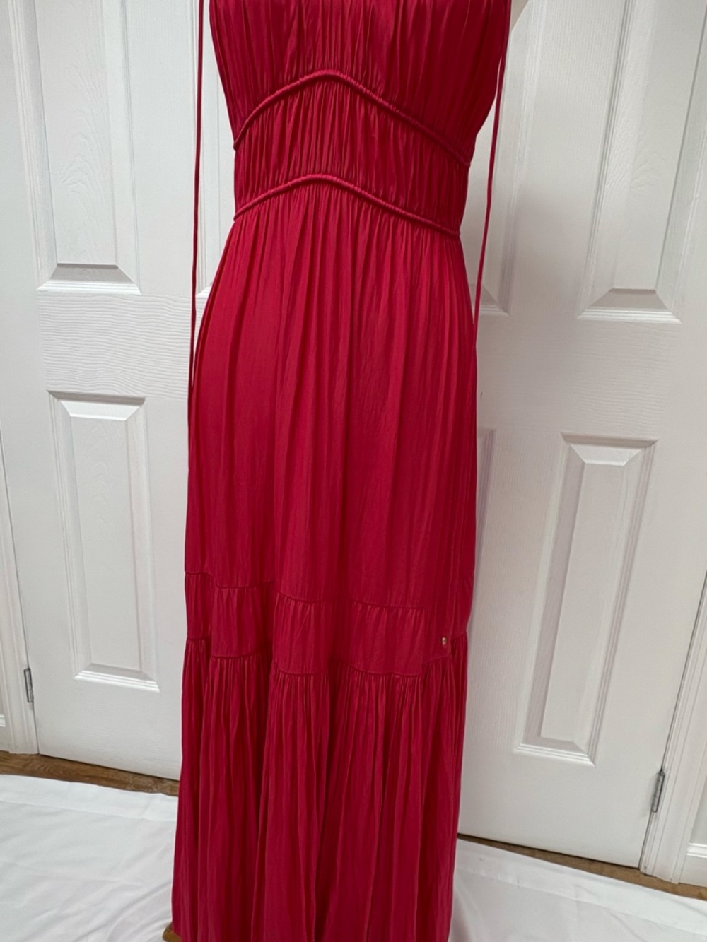 Unsubscribed Cranberry Red Crinkled Ruched Maxi Dress - Size XS. - Picture 9 of 16